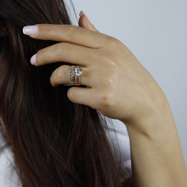 14 Ayar Altın Tektaş Alyans Birleşik Yüzük 4