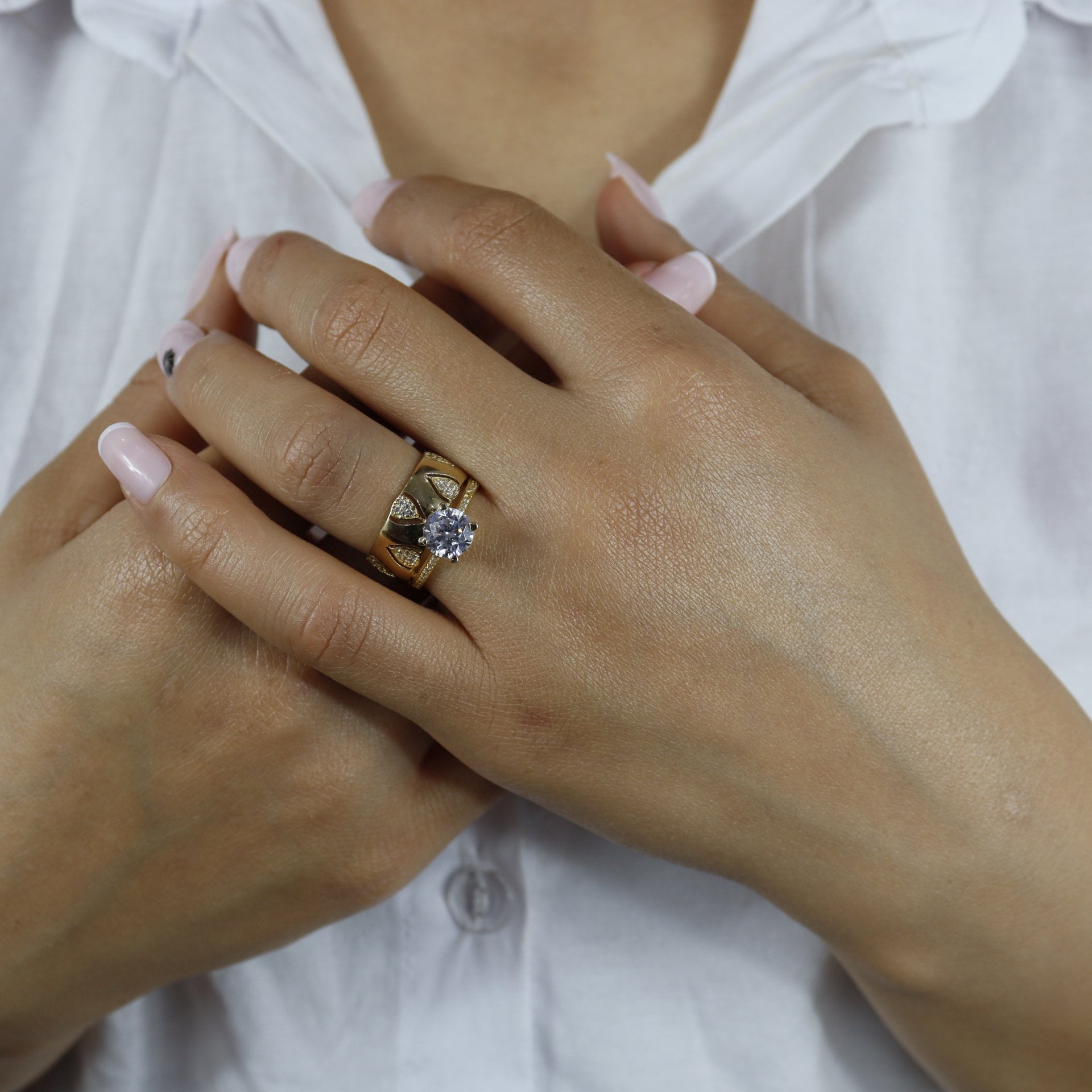 14 Ayar Altın Tektaş Alyans Birleşik Yüzük 10