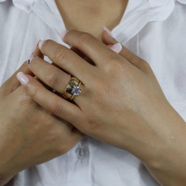 14 Ayar Altın Tektaş Alyans Birleşik Yüzük 10